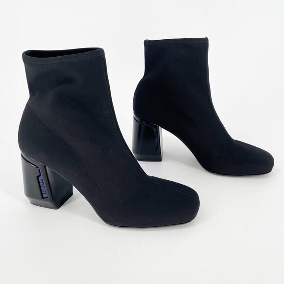 Prada Black Square Toe Logo Block Heel Nylon Ankle Sock Boot Bootie size IT 40 - Picture 3 of 15
